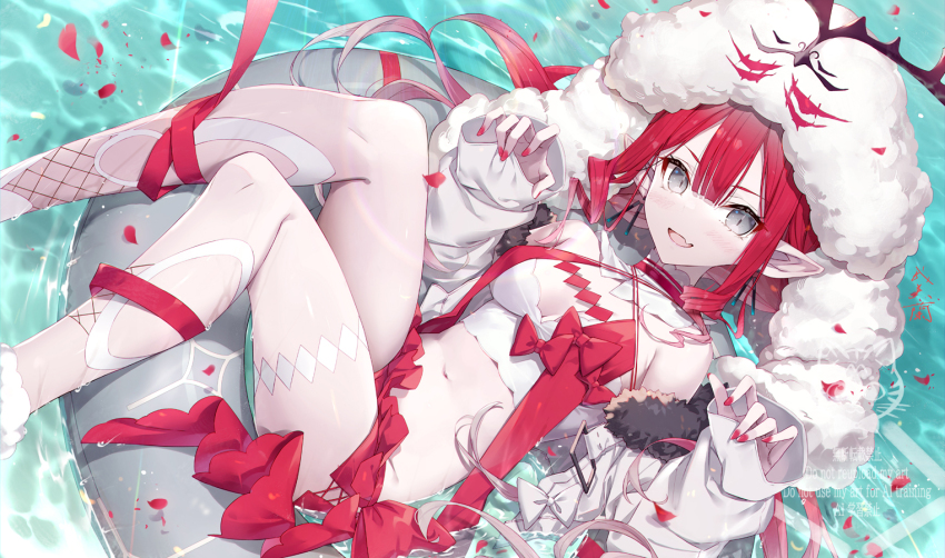 1girl baobhan_sith_(fate) baobhan_sith_(swimsuit_pretender)_(first_ascension)_(fate) breasts camisole cernunnos_(fate) character_hood cleavage detached_collar fate/grand_order fate_(series) gabiran grey_eyes innertube jacket large_breasts long_hair long_sleeves looking_at_viewer microskirt navel open_clothes open_jacket open_mouth pink_hair pointy_ears red_skirt sidelocks skirt smile solo swim_ring thighs water white_camisole white_jacket
