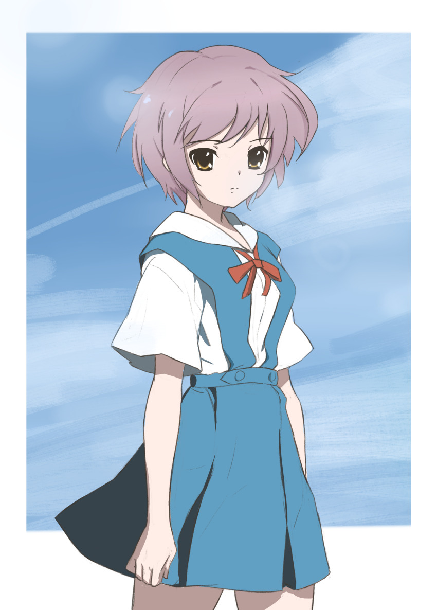 1girl absurdres andreypavlow ayanami_rei ayanami_rei_(cosplay) blue_sky blue_vest collared_shirt cosplay highres medium_skirt nagato_yuki neck_ribbon neon_genesis_evangelion purple_hair red_ribbon ribbon school_uniform shirt short_hair short_sleeves skirt sky solo standing suzumiya_haruhi_no_yuuutsu tokyo-3_middle_school_uniform vest white_shirt