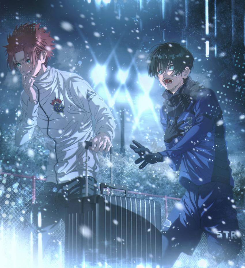 2boys black_gloves black_hair blue_eyes blue_lock chain-link_fence fence gloves highres itoshi_rin itoshi_sae jacket kagura_kurosaki long_sleeves multiple_boys night open_mouth outdoors red_hair rolling_suitcase short_hair snow sportswear stadium_lights suitcase white_jacket