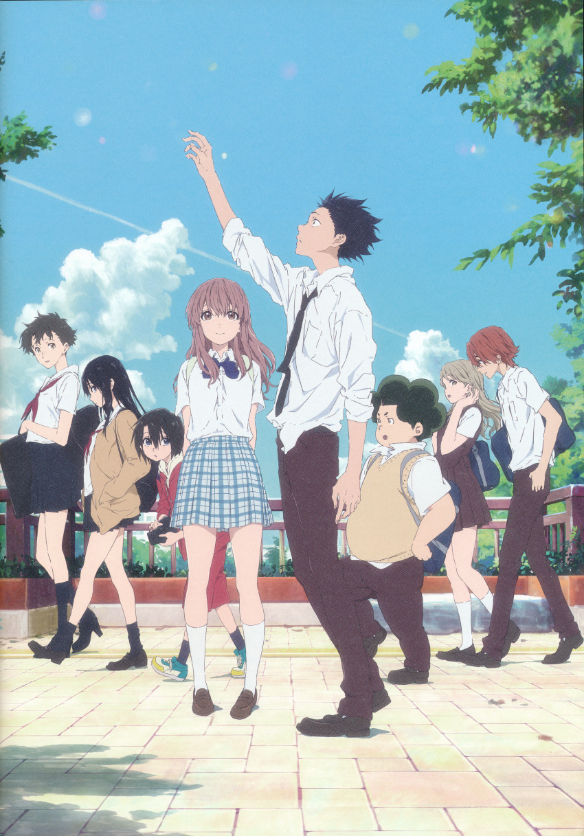 3boys 5girls absurdres afro artist_request bag black_hair blue_skirt brown_eyes cloud day dress_shirt fence freckles full_body green_hair grey_hair highres ishida_shouya kawai_miki koe_no_katachi long_hair mashiba_satoshi multiple_boys multiple_girls nagatsuka_tomohiro necktie nishimiya_shouko nishimiya_yuzuru non-web_source official_art outdoors pants pink_hair plaid_clothes plaid_skirt reaching red_hair sahara_miyoko scan school_bag school_uniform shirt short_hair skirt sky ueno_naoka vest walking yellow_vest