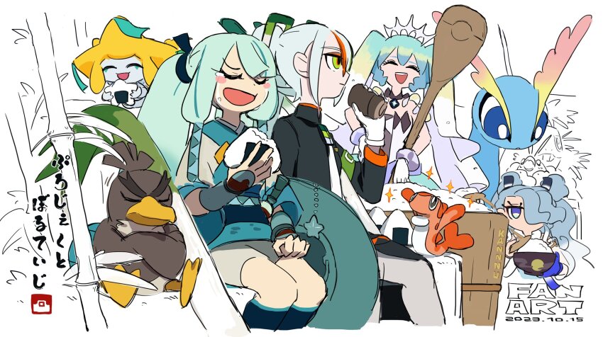 4girls amaura croagunk fighting_miku_(project_voltage) flying_miku_(project_voltage) food galarian_farfetch&#039;d galarian_form gen_3_pokemon gen_4_pokemon gen_6_pokemon gen_8_pokemon hatsune_miku highres jirachi legendary_pokemon multiple_girls mythical_pokemon nintendo onigiri pokemon pokemon_(creature) project_voltage rice rock_miku_(project_voltage) siirakannu steel_miku_(project_voltage) swablu tatsugiri tatsugiri_(curly) vocaloid