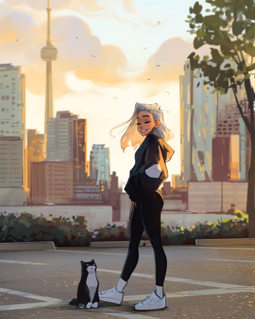 1girl black_hoodie black_pants bruce_(sam_yang) building bush cat city closed_eyes commentary curtained_hair from_side grin highres hood hoodie kara_(sam_yang) long_hair long_sleeves original outdoors pants parking_lot sam_yang simple_bird skyscraper smile socks solo toronto tree tuxedo_cat white_hair white_sneakers white_socks
