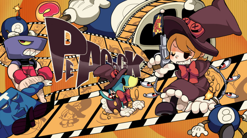 1girl andy_anvil avery_(skullgirls) bow character_name dress eye_socket george_the_bomb gloves grin hat lenny_the_bomb mechanical_arms one_eye_closed orange_hair osarunoonsen peacock_(skullgirls) red_eyes sharp_teeth short_hair skullgirls smile teeth tommy_ten-tons top_hat weapon