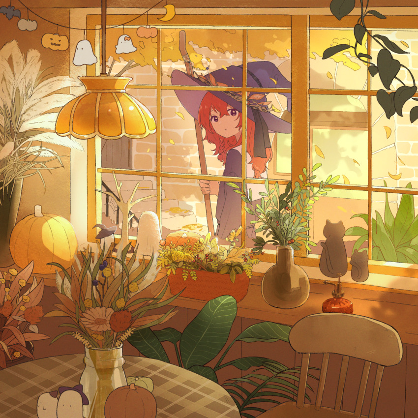 1girl animal autumn autumn_leaves bottle braid cat cattail chair daisy dress falling_leaves flower ghost_ornament halloween hat highres holding holding_staff holly jack-o&#039;-lantern_ornament leaf looking_inside onoyama_(machikz1) original parted_lips perfume_bottle plant potted_plant pumpkin purple_dress purple_eyes purple_hat red_hair single_braid solo staff table tablecloth vase window witch witch_hat