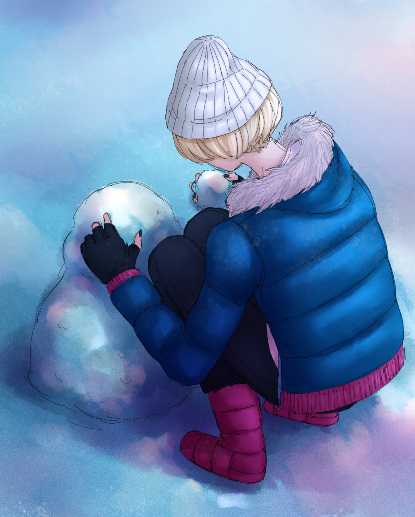 1girl hotaru_ori blonde_hair boots down_jacket etrosgate from_behind fur_collar fur_trim girls_mode girls_mode_4:_star_stylist highres holding holding_snowball jacket knit_hat nintendo pixie_cut short_hair snow snowball snowman solo solo_focus squatting winter_clothes