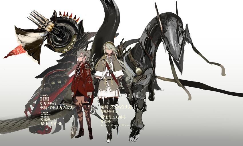 2girls arrow_(projectile) bare_legs black_footwear black_gloves black_hairband black_skirt black_thighhighs blonde_hair boots bow_(weapon) brown_capelet brown_hair brown_skirt bun_with_braided_base buttons capelet check_copyright closed_mouth coat collared_dress commentary_request copyright_request creature crest double-breasted double_bun dress elbow_gloves expressionless full_body gloves gradient_background green_eyes grin hair_between_eyes hair_bun hairband highres holding holding_bow_(weapon) holding_weapon leg_tattoo long_hair long_sleeves microskirt miniskirt multiple_girls open_mouth original red_coat siirakannu skirt smile standing tattoo teeth thighhighs translation_request weapon white_background white_dress