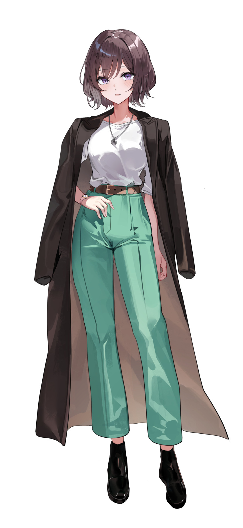 1girl absurdres belt black_coat black_footwear black_hair blush brown_belt coat coat_on_shoulders commentary_request full_body gakuen_idolmaster green_pants high-waist_pants highres idolmaster jewelry looking_at_viewer maanu necklace neo_asari open_mouth pants purple_eyes shirt shirt_tucked_in short_hair simple_background smile solo standing white_background white_shirt