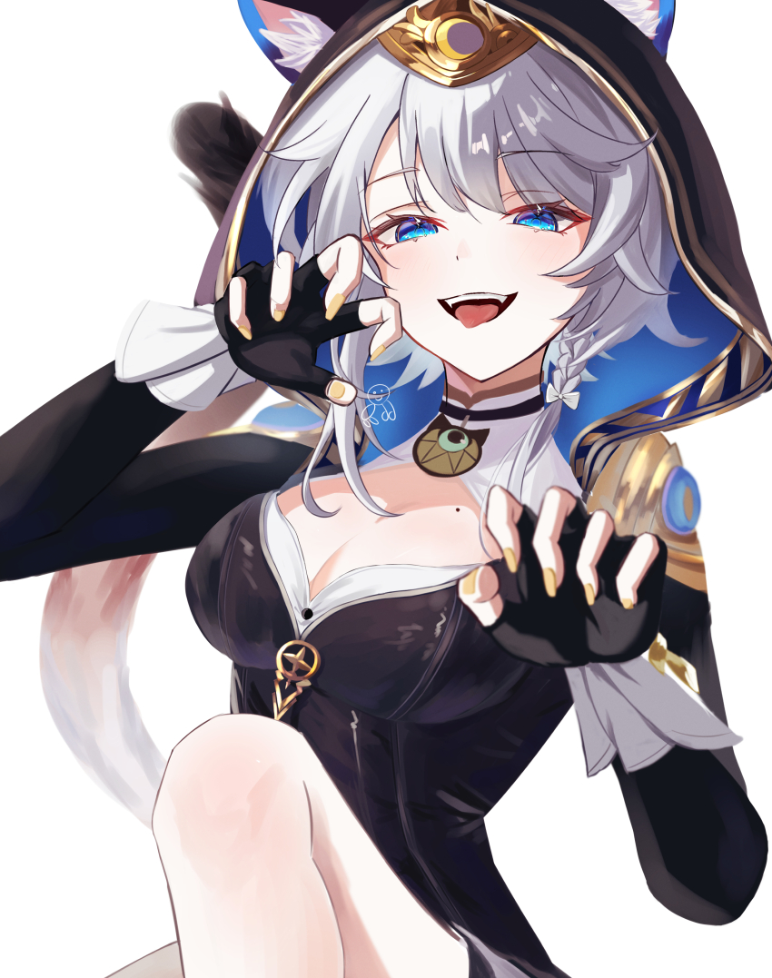 1girl absurdres animal_ear_fluff animal_ears animal_hood blue_eyes bow braid breasts cat_ears cat_girl cat_hood cat_tail cipher_(honkai:_star_rail) cleavage commentary fang fingerless_gloves gloves grey_hair hair_bow highres honkai:_star_rail honkai_(series) hood leotard medium_breasts mole mole_on_breast okashieeeeeee tail tongue white_background yellow_nails