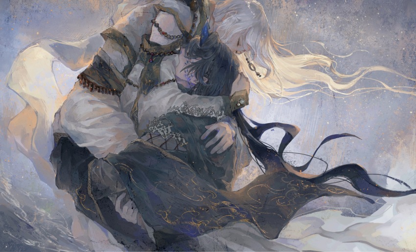 2boys absurdres arms_around_neck beads black_hair black_hanfu blue_horns chinese_clothes closed_eyes facial_mark floating_clothes floating_hair from_side hanfu highres horns huadian hug jinguang_budaixi lifting_person long_sleeves male_focus meng_qiu_sun multiple_boys prayer_beads qiao_rulai royzoe sidelocks single_horn swept_bangs upper_body white_hair white_hanfu white_sleeves yaoi