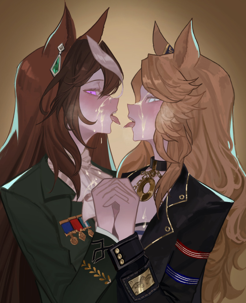 2girls absurdres aiguillette animal_ears black_jacket blonde_hair blue_eyes brown_hair cum cum_on_body ear_ornament facial gold_city_(umamusume) green_jacket hair_between_eyes hasegawamorito highres holding_hands horse_ears horse_girl jacket long_hair long_sleeves looking_at_viewer meal medal multicolored_hair multiple_girls purple_eyes shirt streaked_hair symboli_rudolf_(umamusume) tongue tongue_out umamusume white_hair
