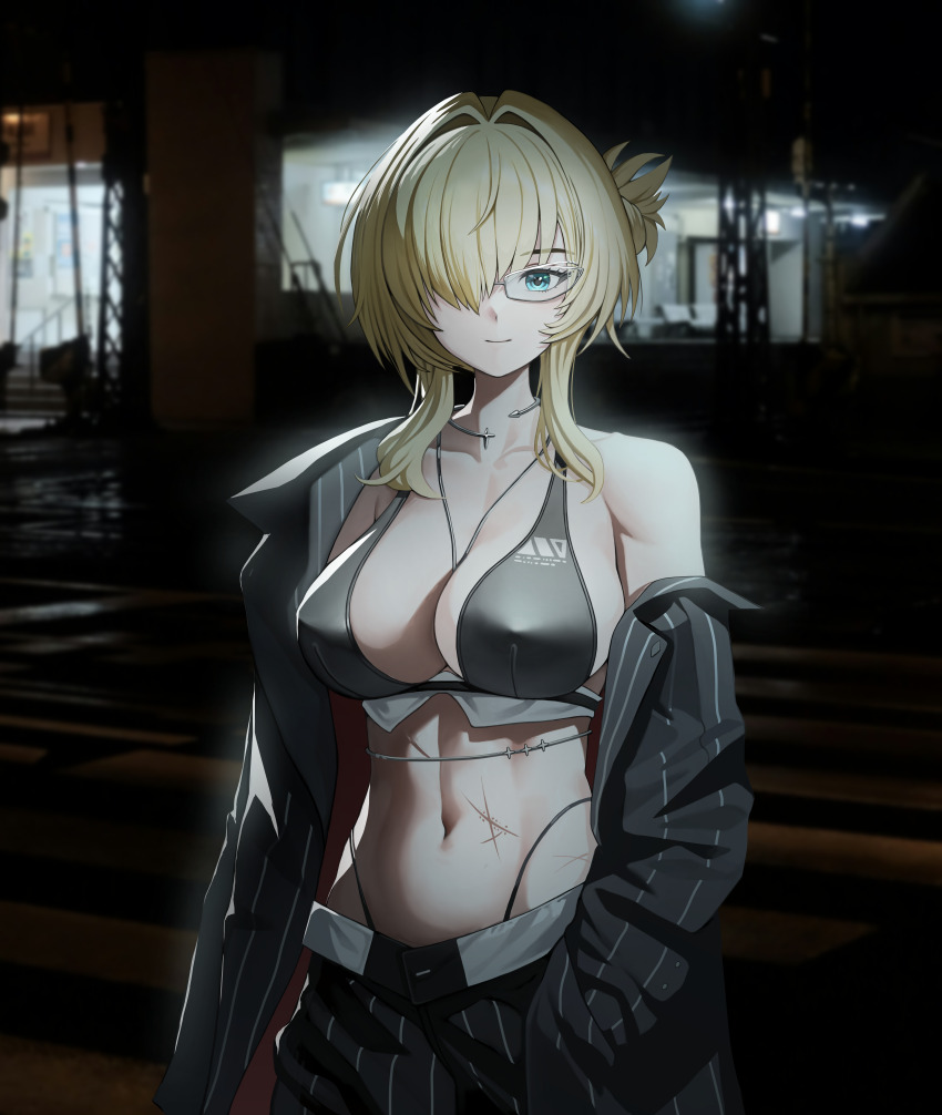 1girl abs absurdres bikini black_bikini black_jacket black_pants blonde_hair blue_eyes breasts commentary covered_erect_nipples glasses goddess_of_victory:_nikke grave_(beautiful_you)_(nikke) grave_(nikke) highres jacket large_breasts looking_at_viewer medium_hair navel night official_alternate_costume outdoors pants photo_background scar scar_on_stomach smile solo stomach swimsuit young999999990