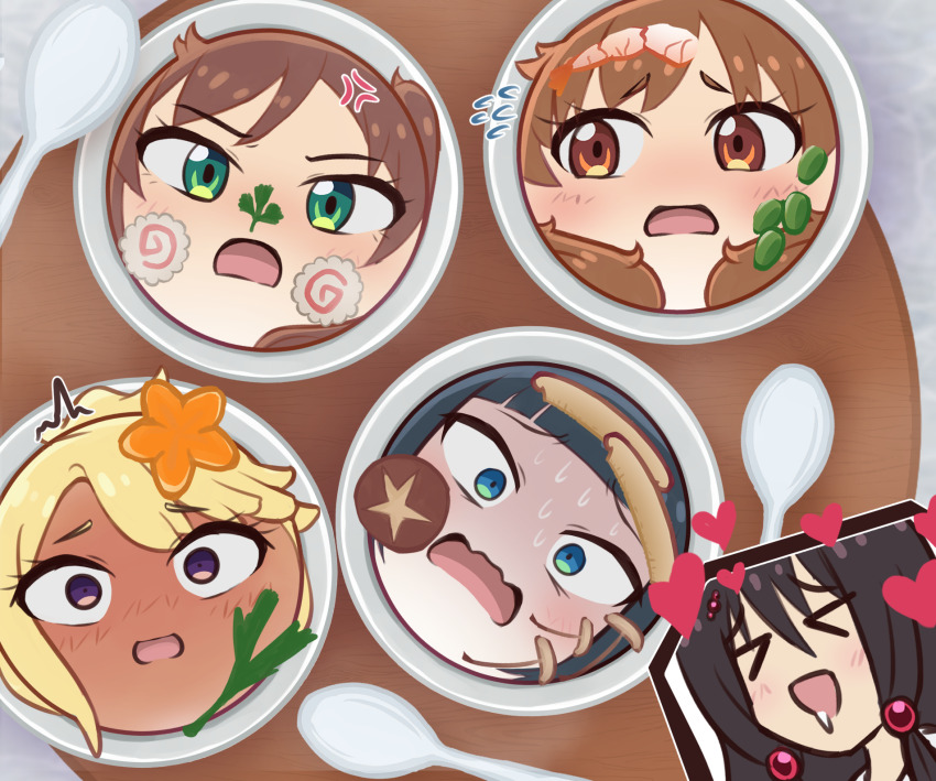 &gt;_&lt; 5girls anger_vein angry bad_end beans black_hair blonde_hair blue_eyes blunt_bangs blush brown_eyes brown_hair chawanmushi chikura_shizuru closed_eyes dark-skinned_female dark_skin drooling flying_sweatdrops food food_on_face glaring green_eyes gyaru highres hoshi_nadeshiko imminent_death kuga_reimi long_hair looking_at_viewer multiple_girls mushroom nakatomi_yoka nervous_sweating open_mouth psycho_orb purple_eyes saliva scared shaded_face shinonome_akira shrimp shuumatsu_train_doko_e_iku? spoon spring_onion sweat transformation