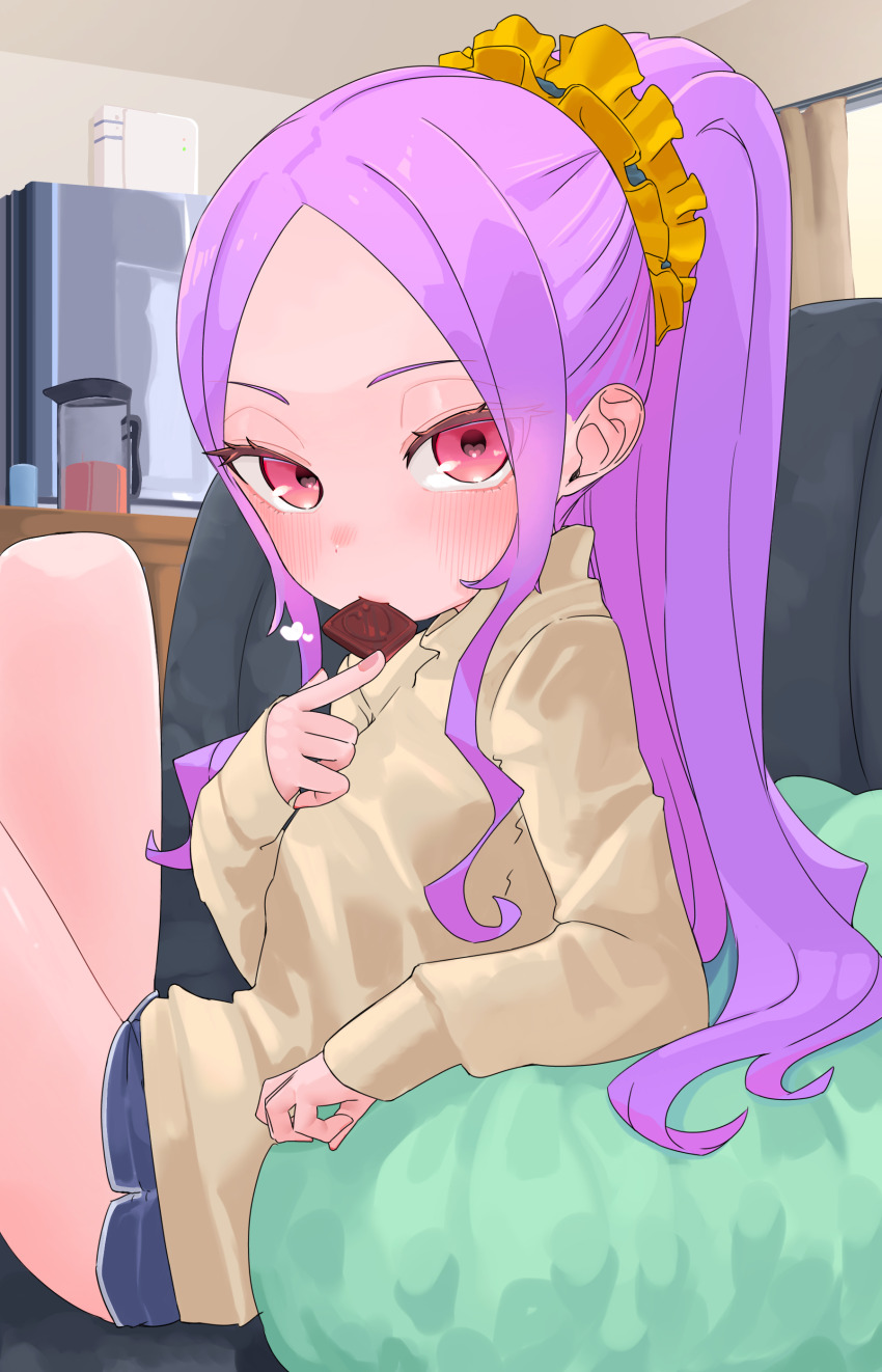 1girl absurdres blush breasts chocolate eating fate/grand_order fate_(series) forehead highres long_hair long_sleeves looking_at_viewer niwaikanai parted_bangs ponytail purple_eyes purple_hair sidelocks small_breasts solo very_long_hair wu_zetian_(fate)