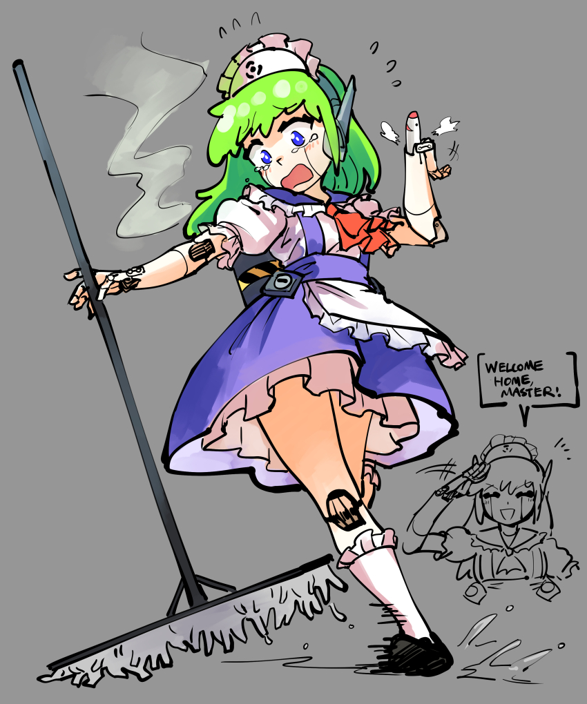 1girl absurdres blue_eyes broom doodles english_text flying_sweatdrops green_hair grey_background highres holding holding_broom kaibootsu maid missile robot_girl ruukoto salute smoke socks speech_bubble touhou water white_socks
