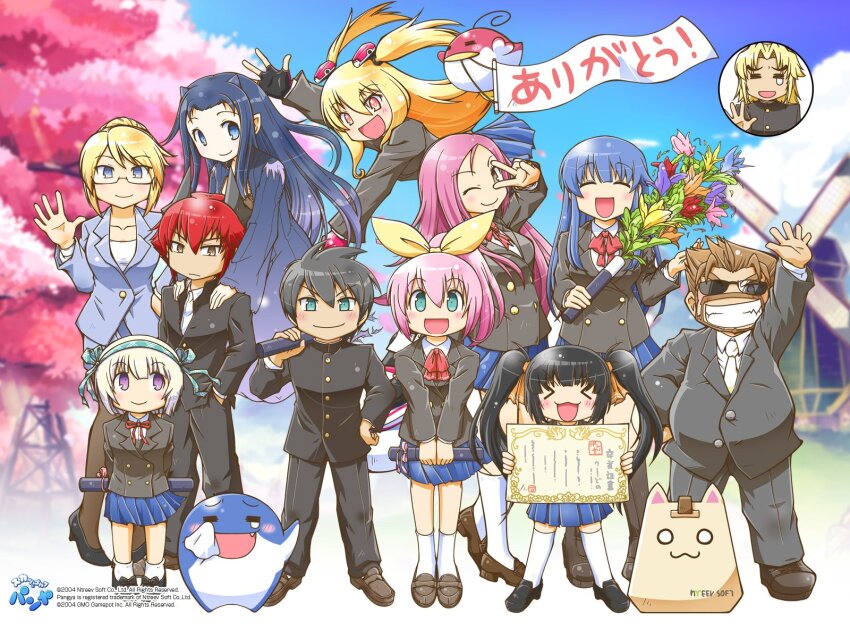 &gt;:) 2004 5boys 6+girls :/ :3 :d ;) =_= ^_^ arin arm_up arms_behind_back ascot azer banner bird black_gloves black_hair black_pants black_pantyhose black_socks blazer blonde_hair blue_eyes blue_hair blue_skirt blush boots bouquet breasts brown_eyes brown_hair brown_pantyhose cecilia_(pangya) cherry_blossoms closed_eyes collarbone commentary_request company_name copyright_name copyright_notice crossdressing diploma diploma_tube dolfini dress facial_hair falling_petals fingerless_gloves flower formal_clothes fujishima_jun gakuran glasses gloves goatee graduation grin hair_between_eyes hair_ribbon hairband hana_(pangya) hand_in_pocket hand_on_own_hip hands_on_another&#039;s_shoulders head_tilt high_heels high_ponytail highres holding holding_bouquet horns jacket karen_(pangya) kaz knee_boots kneehighs kooh legs_apart loafers logo long_hair long_sleeves looking_at_another looking_at_viewer lucia_(pangya) max_(pangya) medium_breasts mouth_hold multiple_boys multiple_girls neck_ribbon necktie nell_(pangya) not_present nuri o_o official_art one_eye_closed open_mouth orange_ribbon pangya pants pantyhose papel parted_bangs petals pink_hair pleated_skirt pointy_ears ponytail purple_eyes red_eyes red_hair red_ribbon ribbon rubbing_eyes school_uniform second-party_source semi-rimless_eyewear shirt shoes short_hair sideways_glance skirt smile socks spika_(pangya) standing suit sunglasses teardrop thighhighs tissue translation_request trap tube twintails two_side_up under-rim_eyewear v v-shaped_eyebrows v_arms v_over_eye very_long_hair waving white_necktie white_shirt white_socks windmill yellow_ribbon