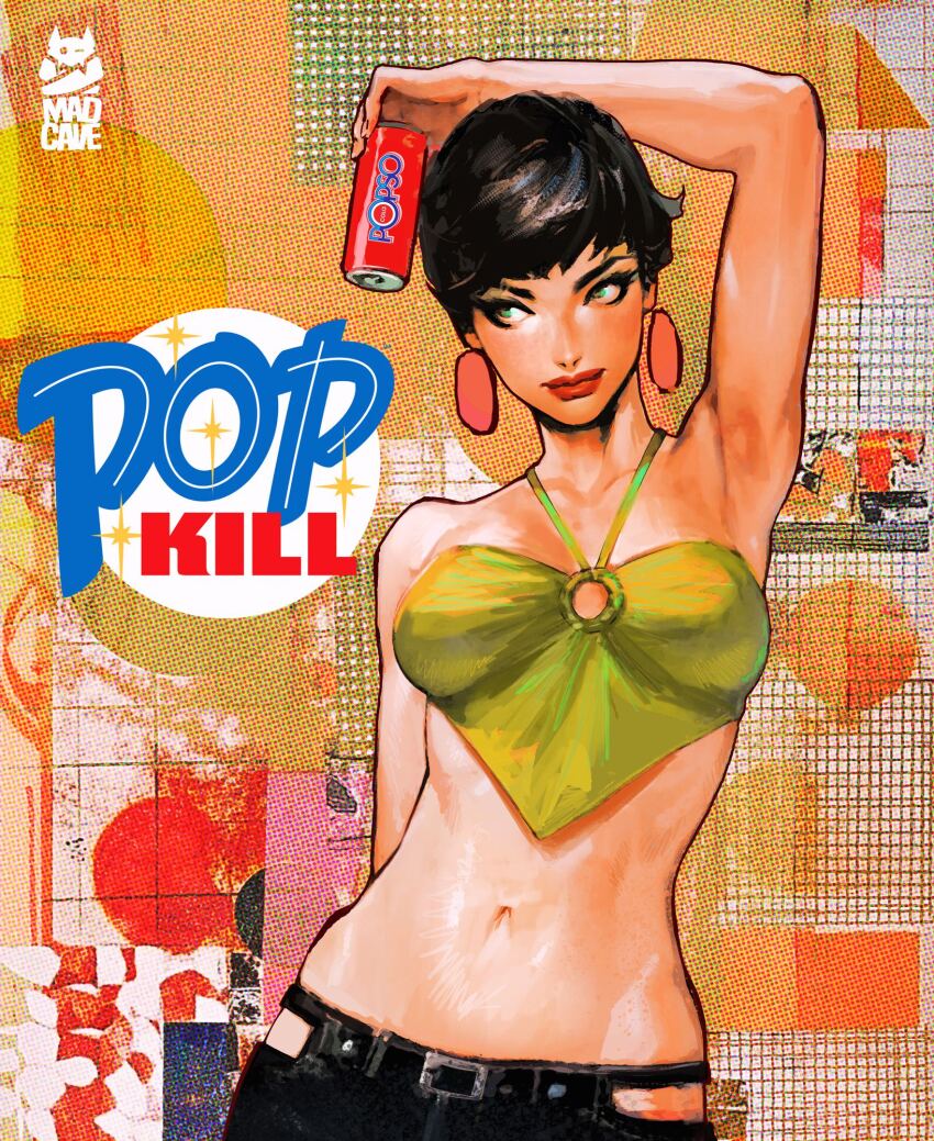 1girl arm_up armpits black_hair breasts collarbone comic_cover company_logo company_name copyright_name earrings english_text green_eyes halterneck highres jewelry medium_breasts midriff navel official_art pop_kill short_hair solo sozomaika