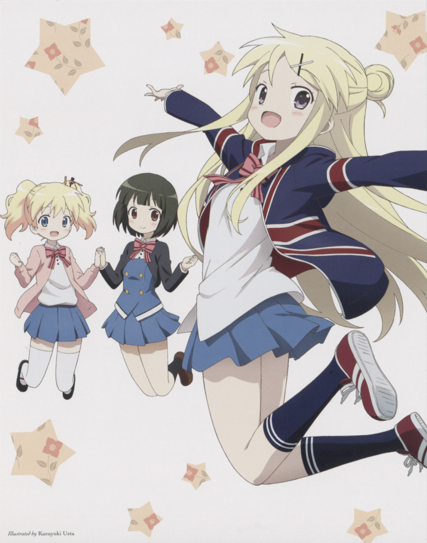 3girls :d alice_cartelet artist_name black_jacket black_shoes black_socks blonde_hair blue_eyes blue_hoodie blue_skirt blue_socks blue_vest blush bow bowtie brown_eyes brown_shoes buttons cardigan closed_mouth collared_shirt double-breasted full_body green_hair hair_bun hair_ornament hairclip highres holding_hands hood hood_down hoodie jacket jumping kin-iro_mosaic kirara_jump kujou_karen loafers long_hair long_sleeves looking_at_viewer miniskirt moegi_high_school_uniform multiple_girls non-web_source official_art oomiya_shinobu open_cardigan open_clothes open_hoodie open_jacket open_mouth pink_bow pink_bowtie pink_cardigan pleated_skirt red_shoes scan school_uniform shirt shoes short_hair sidelocks single_hair_bun skirt smile socks striped_bow striped_bowtie striped_clothes thighhighs ueta_kazuyuki vest w_arms white_shirt white_thighhighs winter_uniform x_hair_ornament