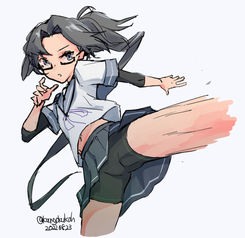 1girl amagiri_(kancolle) asymmetrical_bangs bike_shorts cowboy_shot dated glasses grey-framed_eyewear grey_eyes grey_hair grey_sailor_collar grey_skirt hair_between_eyes kangoku_kou kantai_collection kicking long_hair one-hour_drawing_challenge pleated_skirt ponytail sailor_collar school_uniform serafuku shorts shorts_under_skirt simple_background skirt solo twitter_username very_long_hair white_background