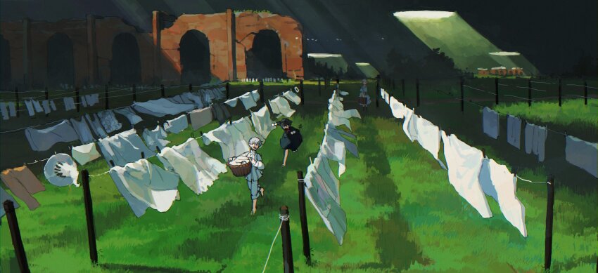 1girl 2boys absurdres arch basket dust_girl highres holding holding_basket holding_suitcase multiple_boys original outdoors ruins scenery shadow suitcase sunlight underground