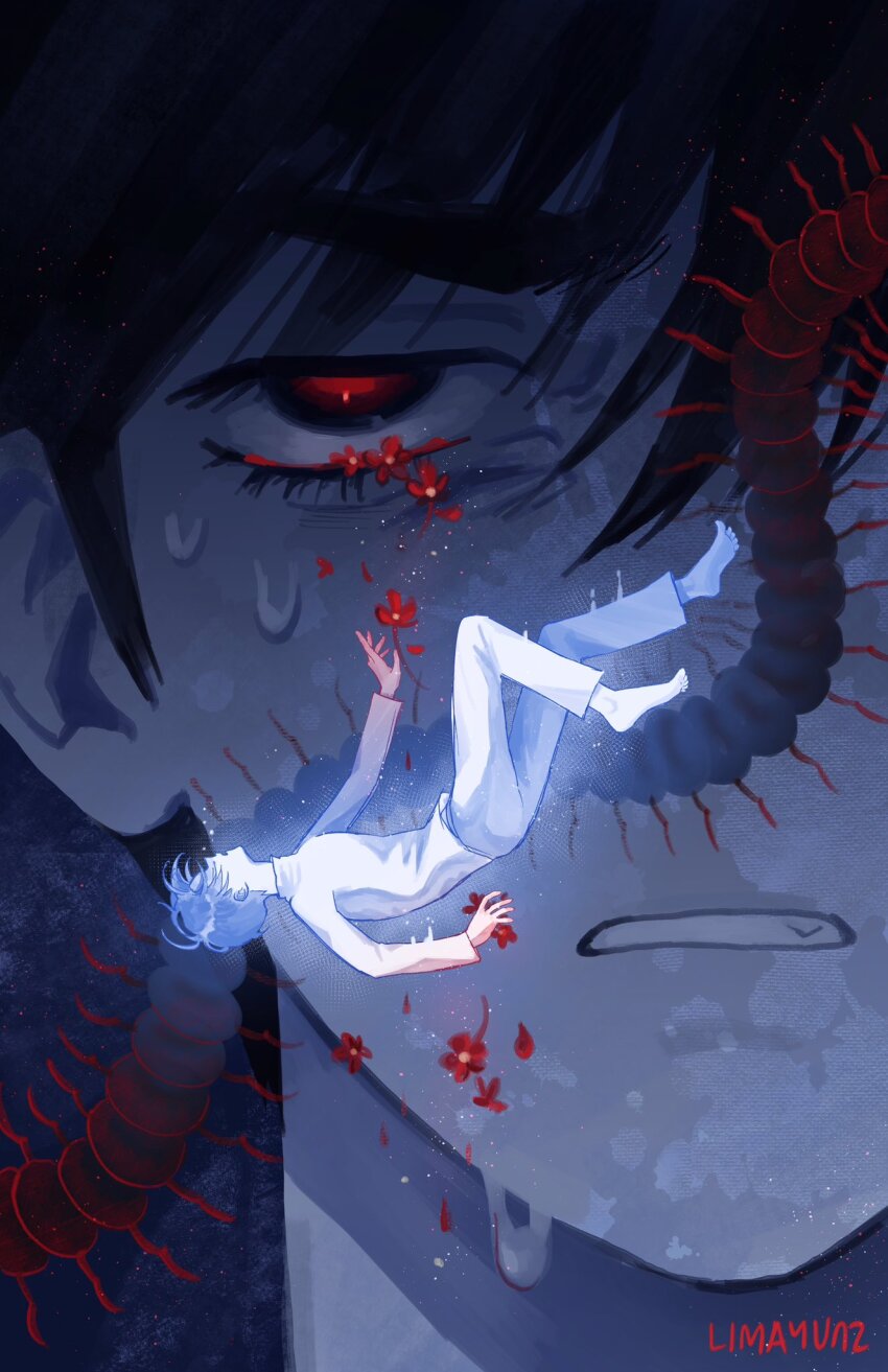 2boys alien_stage alternate_body_fluid barefoot black_eyes black_hair bug centipede commentary falling flower grey_hair highres ivan_(alien_stage) limayunz male_focus multiple_boys pants red_flower red_pupils shirt signature sweat tears till_(alien_stage) white_pants white_shirt