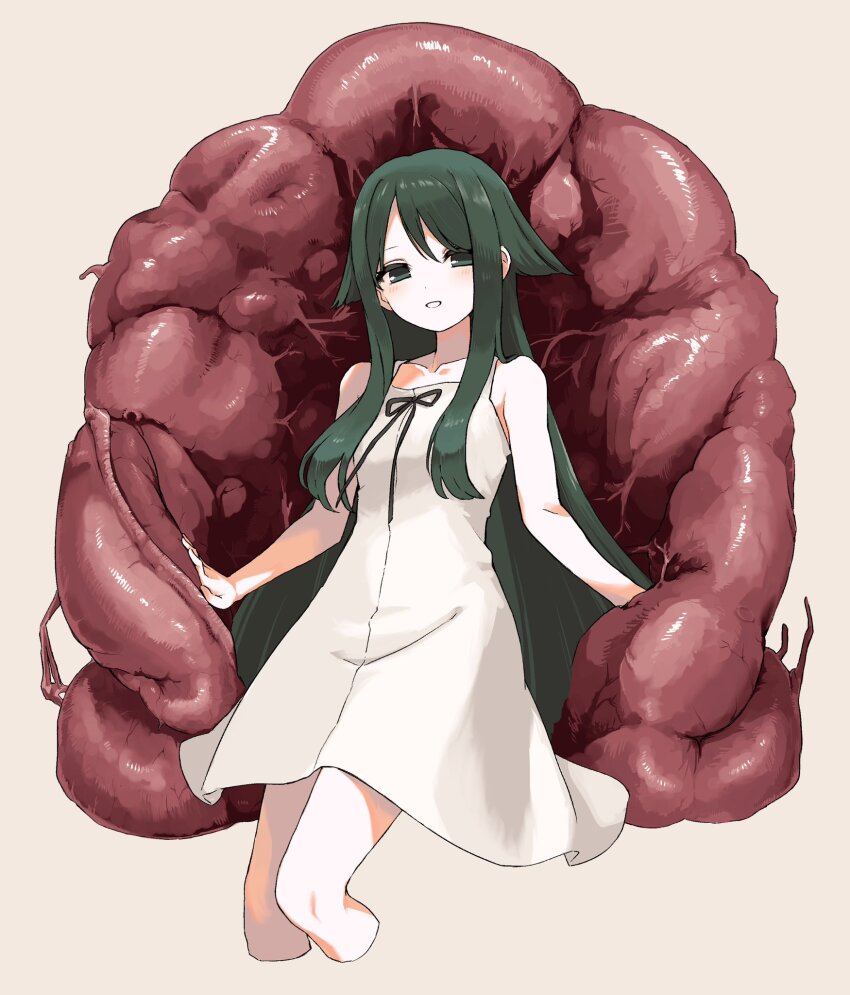 1girl bare_shoulders breasts dress flesh green_eyes green_hair highres long_hair looking_at_viewer parted_lips pure_556 ribbon saya_(saya_no_uta) saya_no_uta sleeveless sleeveless_dress small_breasts smile solo sundress very_long_hair white_background white_dress