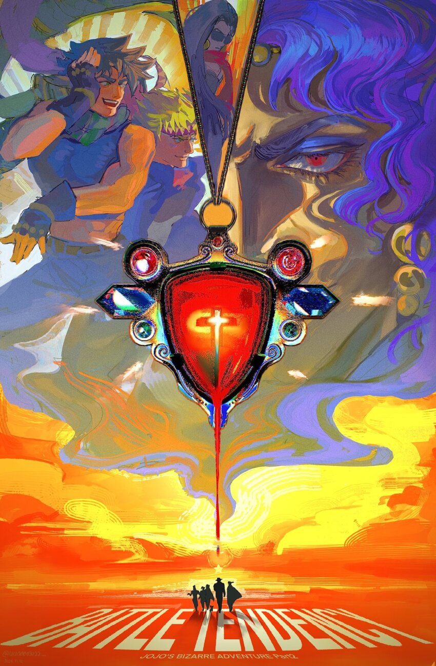 1girl 6+boys battle_tendency blending blonde_hair brown_hair caesar_anthonio_zeppeli circlet copyright_name crop_top cross earrings eyelashes eyeshadow fingerless_gloves gem gloves green_eyes hand_on_own_face hand_up headband highres iggy_(jojo) jean_pierre_polnareff jewelry jojo_no_kimyou_na_bouken joseph_joestar kakyoin_noriaki kars_(jojo) kuujou_joutarou lisa_lisa long_hair makeup mohammed_avdol multiple_boys muscular muscular_male open_mouth orange_sky purple_eyeshadow purple_hair red_eyes red_gemstone red_scarf red_stone_of_aja scarf short_hair silhouette sky sleeveless smile split_screen star_(symbol) stardust_crusaders sunglasses uu0000322 v-shaped_eyebrows walking wavy_hair