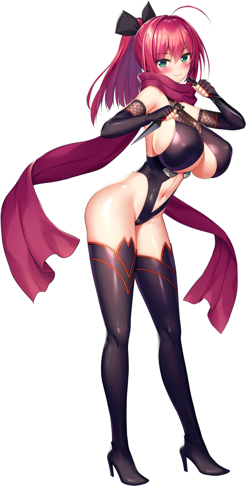 1girl absurdres ahoge black_boots black_leotard black_ribbon blush boots breasts cleavage cleavage_cutout closed_mouth clothing_cutout derauea elbow_gloves fingerless_gloves fishnets full_body game_cg gloves green_eyes hair_ribbon high_heel_boots high_heels highleg highres holding holding_kunai holding_weapon huge_breasts kunai leotard long_hair long_scarf looking_at_viewer midou_kaede milk_factory motto!_haramase!_honoo_no_oppai_chou_ero_appli_gakuen! navel_cutout ninja non-web_source official_art ponytail red_hair red_scarf ribbon scarf sidelocks sprite tachi-e thigh_boots transparent_background weapon