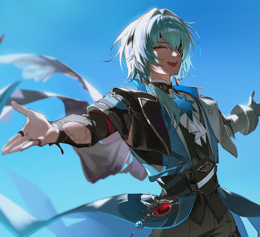 1boy 9boksen :d absurdres anaxa_(honkai:_star_rail) black_corset black_gloves black_pants blue_cape blue_hair blue_sky cape collared_cape corset cowboy_shot crossed_bangs day eyepatch gloves hair_between_eyes hair_intakes hair_over_shoulder hashtag-only_commentary highres honkai:_star_rail honkai_(series) jewelry lapels long_hair low_ponytail male_focus multiple_rings open_mouth outstretched_arms pants partially_fingerless_gloves ponytail ring shirt sky smile solo spread_arms standing teeth white_shirt