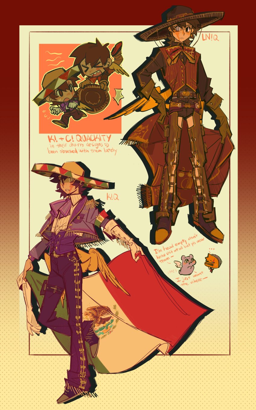 2boys absurdres alternate_costume armband ascot belt bird_boy bird_tail bird_wings black_eyes black_hair black_shirt blue_jacket bow bowtie chibi chibi_inset clothing_request collared_shirt commentary corset cropped_jacket dream_smp dual_persona duck_boy elbow_gloves english_commentary english_text epaulettes flag flag_print fringe_trim full_body gloves grey_eyes hand_on_own_hip hat heterochromia highres holding holding_flag in-franchise_crossover jacket karmaland layered_clothes long_sleeves looking_at_viewer low_wings male_focus medium_hair mexican_clothes mexican_flag minecraft_youtube multiple_boys multiple_views pants peeco_0 quackity red_bow red_bowtie red_vest scar scar_across_eye scar_on_face shirt shoes short_hair short_shorts shorts sombrero sweater_guard tail vest white_gloves white_shirt wings yellow_wings