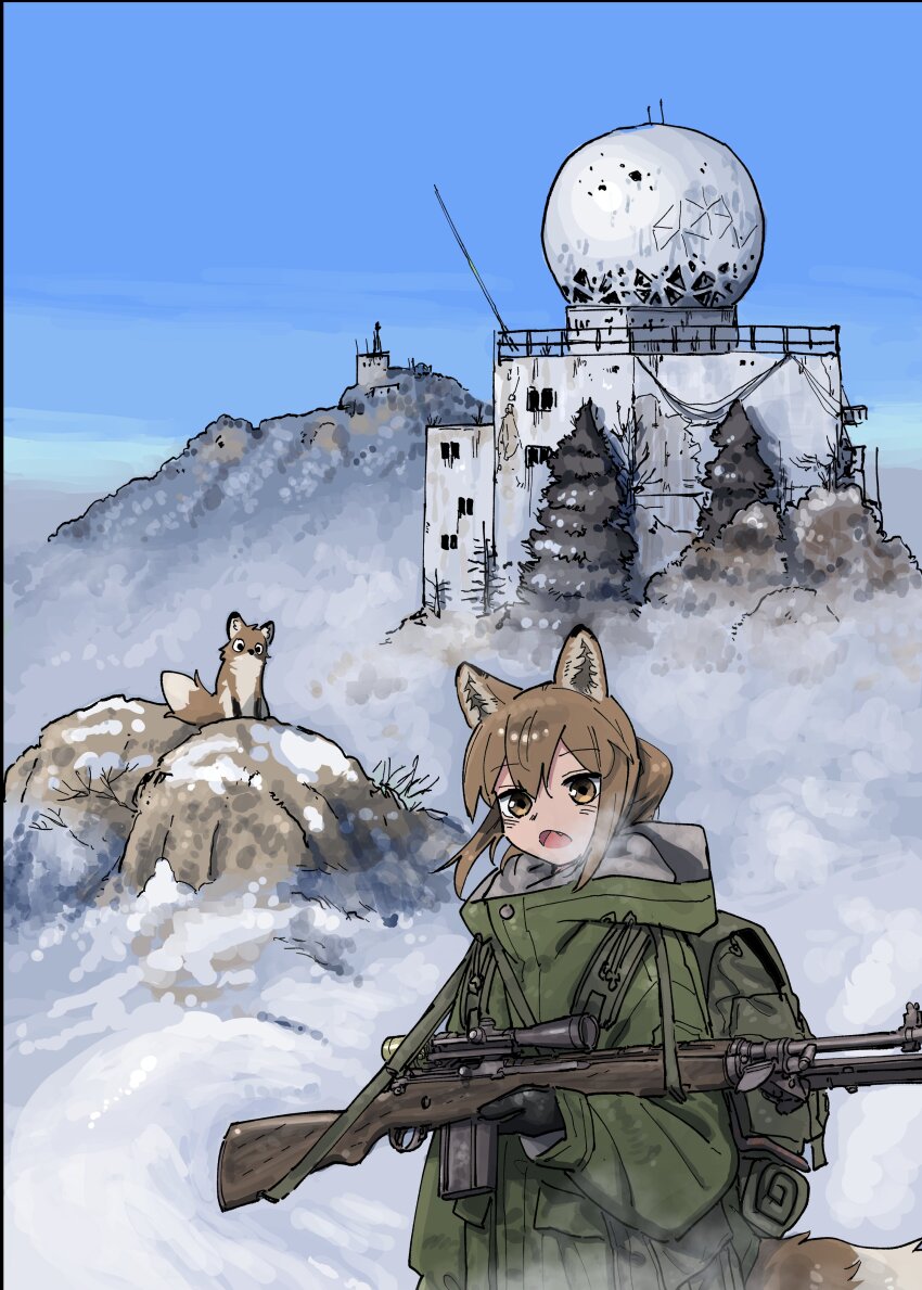 1girl absurdres animal_ears battle_rifle blue_sky breath brown_eyes brown_hair building clear_sky dome fang fog fox fox_ears fox_girl fox_girl_(yihan_world) fox_tail green_jacket gun hair_between_eyes handrail highres holding holding_weapon jacket m14 mountain open_mouth original power_lines radio_antenna rifle rock scope sitting sky snow solo standing tail tower tree upper_body weapon winter yihan_world