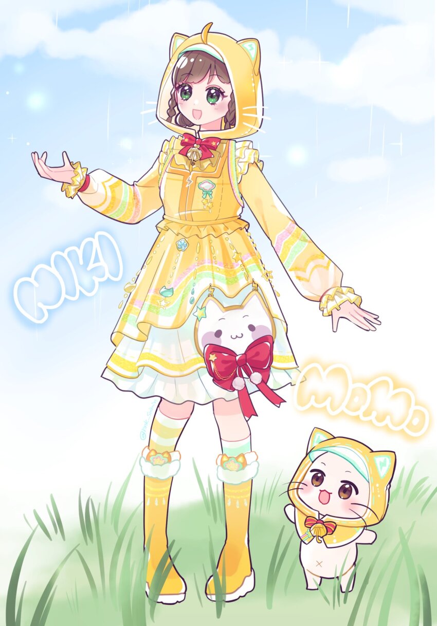 1girl animal animal_ear_hood animal_ears aqua_socks asymmetrical_legwear bell blue_sky blunt_bangs boots bow bowtie braid brown_hair cat cat_ears character_name character_print cloak clothed_animal cloud commentary_request cosplay day dot_nose dress dress_bow ear_covers fake_animal_ears frilled_dress frilled_sleeves frills full_body green_eyes hair_bun happy hat highres hood hood_up hooded_cloak hooded_dress infinity_nikki knee_boots kneehighs light_blush long_sleeves looking_ahead medium_dress mismatched_legwear momo_(nikki) momo_(nikki)_(cosplay) momo_rain_(infinity_nikki) navel neck_bell neneko_(nnk_suimin) nikki_(nikki) nikki_(series) official_alternate_costume on_grass open_mouth outdoors pom_pom_(clothes) puffy_long_sleeves puffy_sleeves rain red_bow red_bowtie rubber_boots short_hair sky smile socks standing striped_bow striped_bowtie striped_clothes striped_socks swept_bangs traditional_bowtie twin_braids two-tone_socks visor_cap white_cat white_hat white_socks yellow_boots yellow_cloak yellow_dress yellow_socks