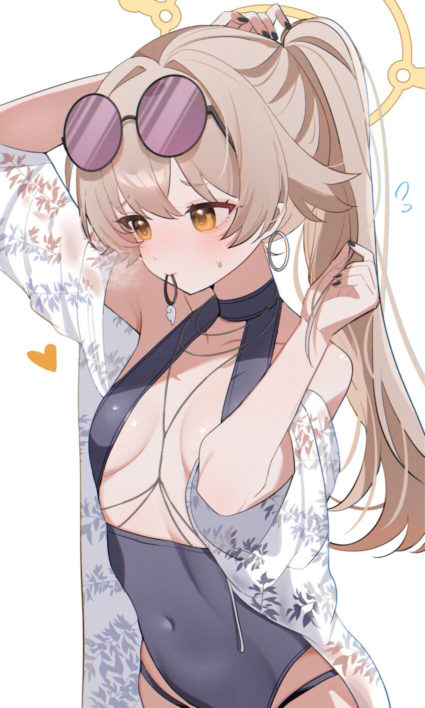 1girl adjusting_hair anchor_choker between_breasts black_choker black_nails black_one-piece_swimsuit blonde_hair blue_archive blush breasts brown_eyes brown_hair choker cleavage covered_navel earrings hair_tie_in_mouth halo hand_in_own_hair heart hifumi_(blue_archive) high_ponytail highres hoop_earrings jewelry leaf_print light_brown_hair long_hair mouth_hold nagisa_(blue_archive) nagisa_(swimsuit)_(blue_archive) nagisa_(swimsuit)_(blue_archive)_cosplay off-shoulder_shirt off_shoulder one-piece_swimsuit open_clothes open_shirt ponytail purple-tinted_eyewear round_eyewear shirt shusuchii small_breasts solo standing sunglasses sunglasses_on_head sweat swimsuit tinted_eyewear white_background white_shirt