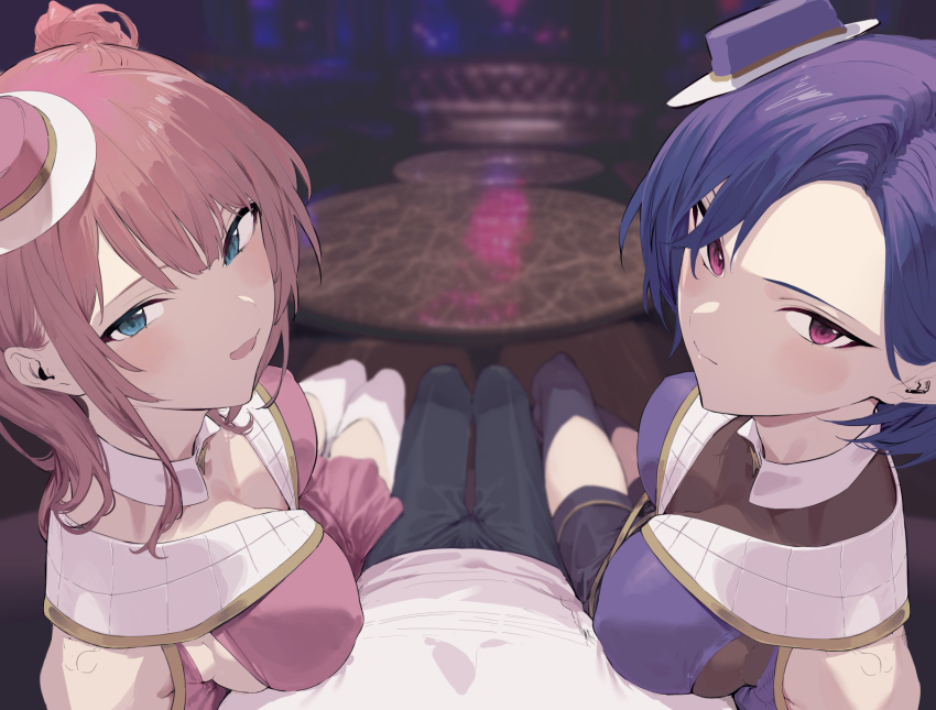 2girls black_pants blue_eyes breasts closed_mouth hat highres hiiragi_yuuichi idol_clothes looking_at_viewer mini_hat multiple_girls open_mouth original pants pink_eyes pink_hair pink_hat pov purple_hair purple_hat shirt table thighhighs white_shirt white_thighhighs