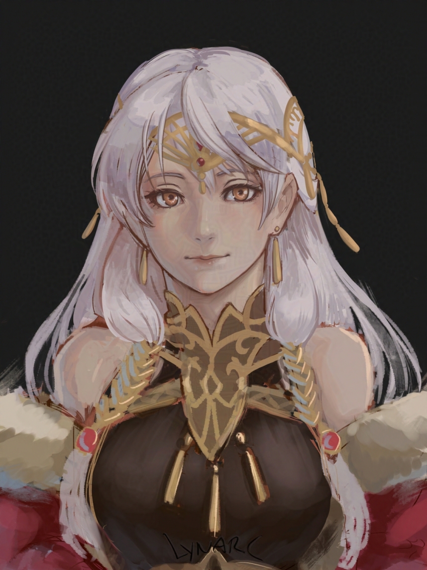 1girl artist_name bare_shoulders black_background black_dress cape circlet coat dress earrings fire_emblem fire_emblem:_radiant_dawn fire_emblem_cipher fire_emblem_heroes fur_trim grey_hair half_updo highres jewelry long_hair looking_at_viewer lynarc micaiah_(fire_emblem) micaiah_(radiant_queen)_(fire_emblem) nintendo official_alternate_costume portrait red_cape simple_background smile solo yellow_eyes