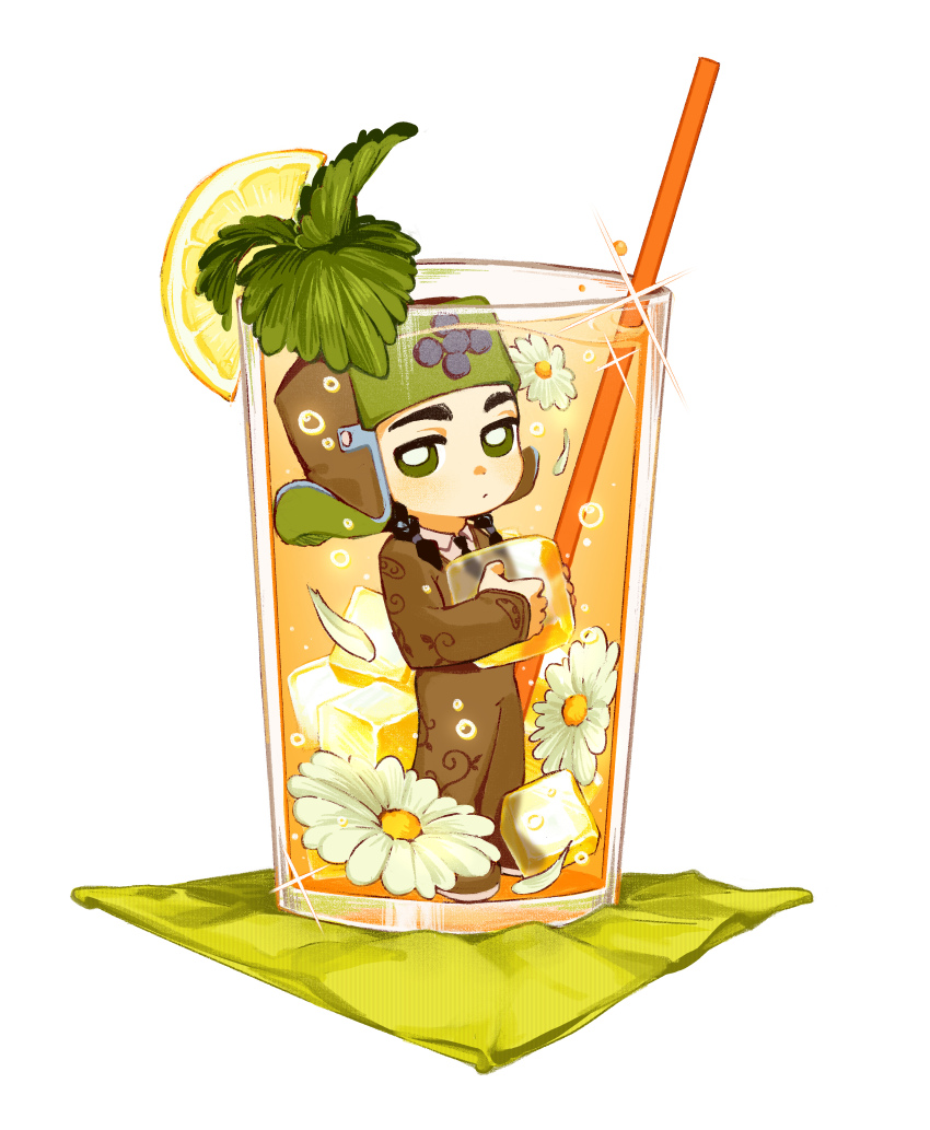 1boy absurdres black_hair braid brown_hat brown_jumpsuit chibi commentary commentary_request cup drink drinking_glass drinking_straw flower food fruit glass grape_hat_ornament green_eyes green_hat hat highres holding ice ice_cube in_container in_cup jojo_no_kimyou_na_bouken jojolion jumpsuit leaf lemon lemon_slice male_focus mamezuku_rai mini_person miniboy necktie solo transparent_background twin_braids two-tone_hat ushanka white_flower xiaorong