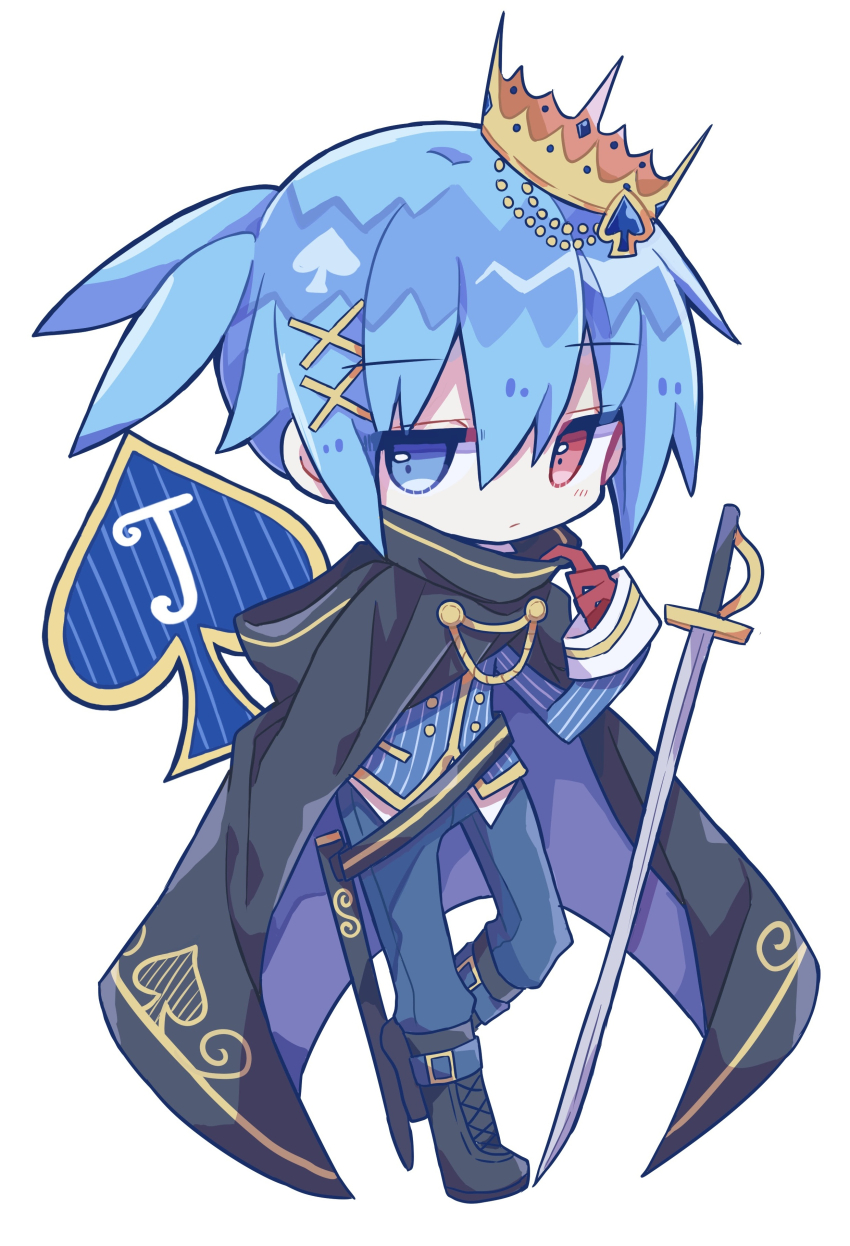 1boy absurdres black_boots black_cape blue_eyes blue_hair blue_jacket blue_pants boots cape chibi chibi_only closed_mouth commentary_request crown full_body futaba969649 gloves hair_between_eyes hair_ornament heterochromia highres jacket lace-up_boots long_sleeves looking_at_viewer male_focus pants puyopuyo red_eyes red_gloves short_hair sig_(puyopuyo) simple_background solo spade_(shape) standing sword weapon white_background x_hair_ornament