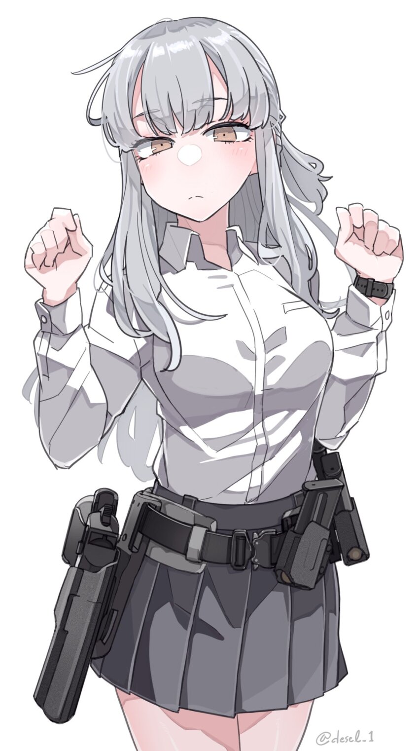 1girl artist_name belt brown_eyes closed_mouth collared_shirt commentary_request cowboy_shot desert_(desel_1) desert_eagle dress_shirt grey_hair grey_skirt gun handgun hands_up highres holster holstered long_hair looking_at_viewer magazine_(weapon) original pleated_skirt shirt simple_background skirt solo twitter_username weapon white_shirt