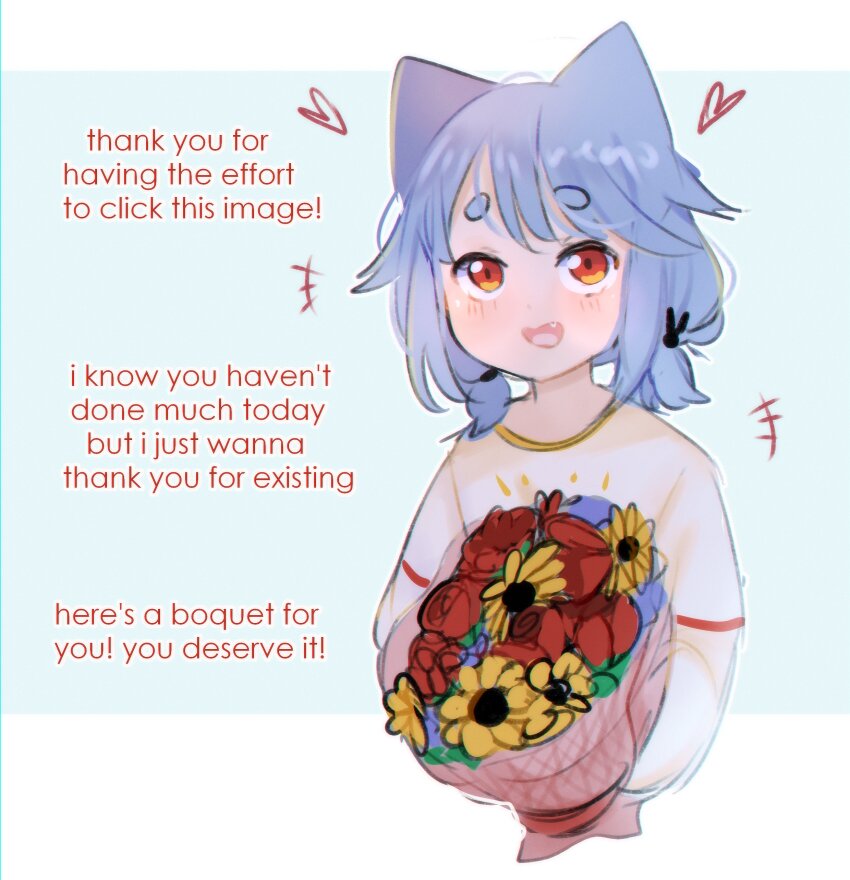 1girl absurdres animal_ears blue_hair bouquet cat_ears cat_girl commentary english_text fang flower heart highres long_sleeves low_twintails neqo_(character) neqo_(neneneqo) open_mouth orange_eyes original shirt smile solo symbol-only_commentary thick_eyebrows twintails upper_body white_shirt