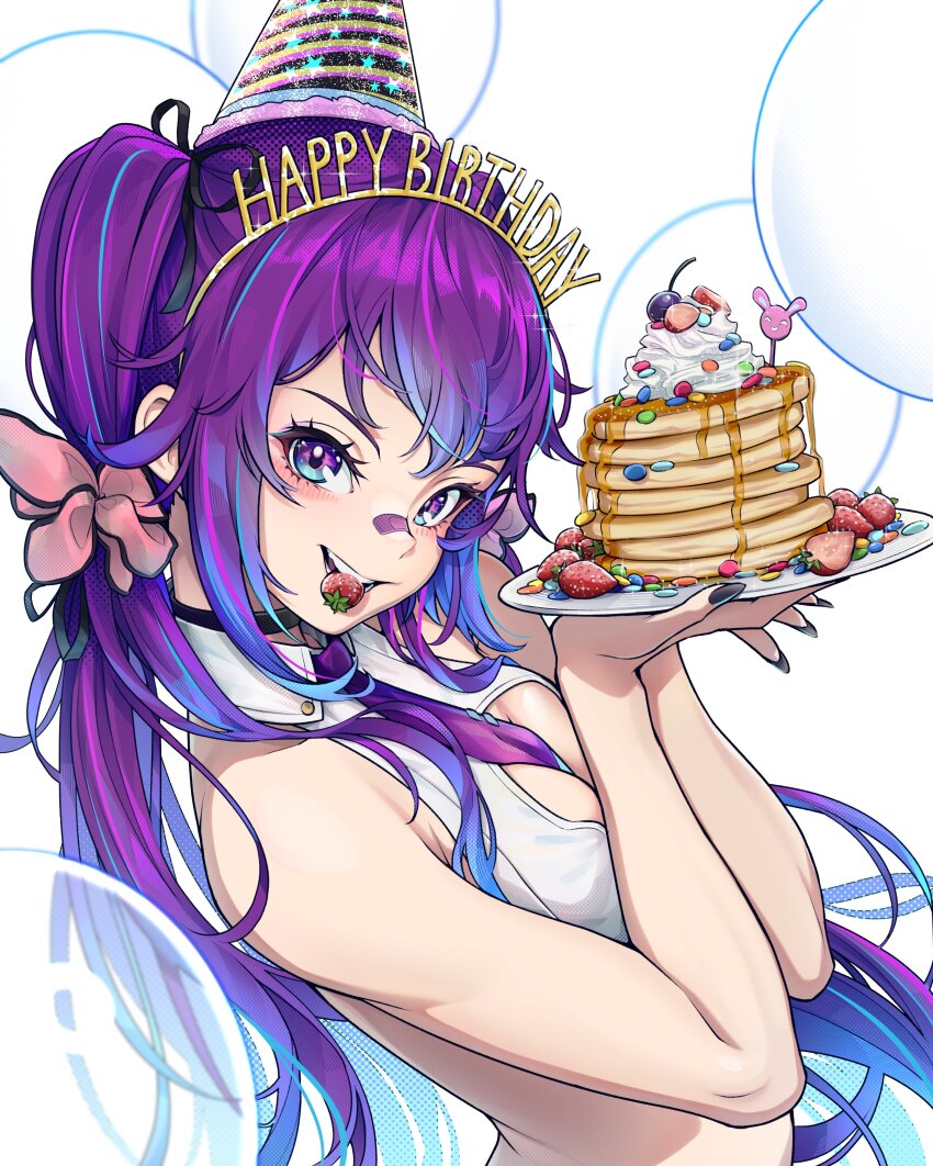 1girl absurdres arched_back bandaid bandaid_on_face bandaid_on_nose black_bow black_ribbon blue_eyes bow breasts bubble choker cleavage_cutout clothing_cutout collared_shirt commentary english_commentary food fruit haedgie hair_between_breasts hair_bow hair_ribbon hat highres holding holding_plate hotcake long_hair looking_at_viewer medium_breasts melody_(projektmelody) melody_(projektmelody)_(lewd_cadet) multicolored_hair nail_polish pink_bow pink_hair plate purple_hair ribbon shirt solo strawberry streaked_hair twintails upper_body virtual_youtuber vshojo white_background white_shirt