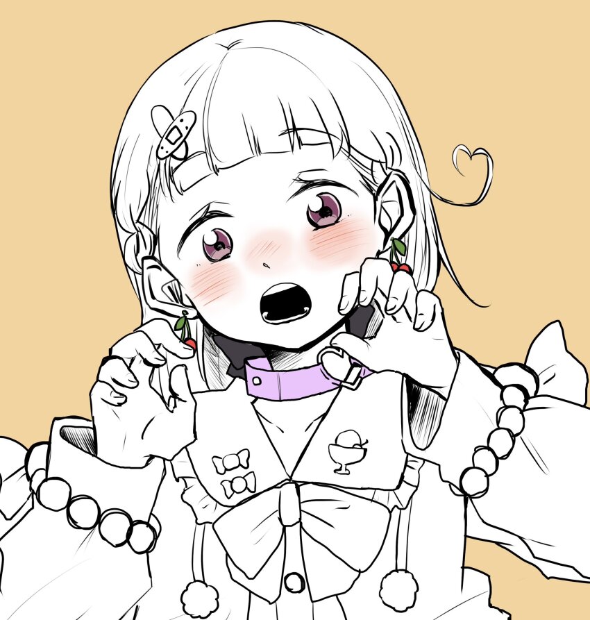 1girl bandaid bandaid_hair_ornament black_bow blush bow braid center-flap_bangs claw_pose collarbone commentary_request cosplay dress frilled_sailor_collar frills greyscale_with_colored_background hair_bow hair_ornament hakuchu_a_la_mode heart heart-shaped_hair highres kachimachi_kosuzu karaoke_hasu_no_sora link!_like!_love_live! long_hair long_sleeves looking_at_viewer love_live! namazakana_kuenai nose_blush open_mouth orange_background osawa_rurino osawa_rurino_(cosplay) pink_eyes sailor_collar sailor_dress side_ahoge side_braids simple_background solo spot_color straight_hair upper_body virtual_youtuber