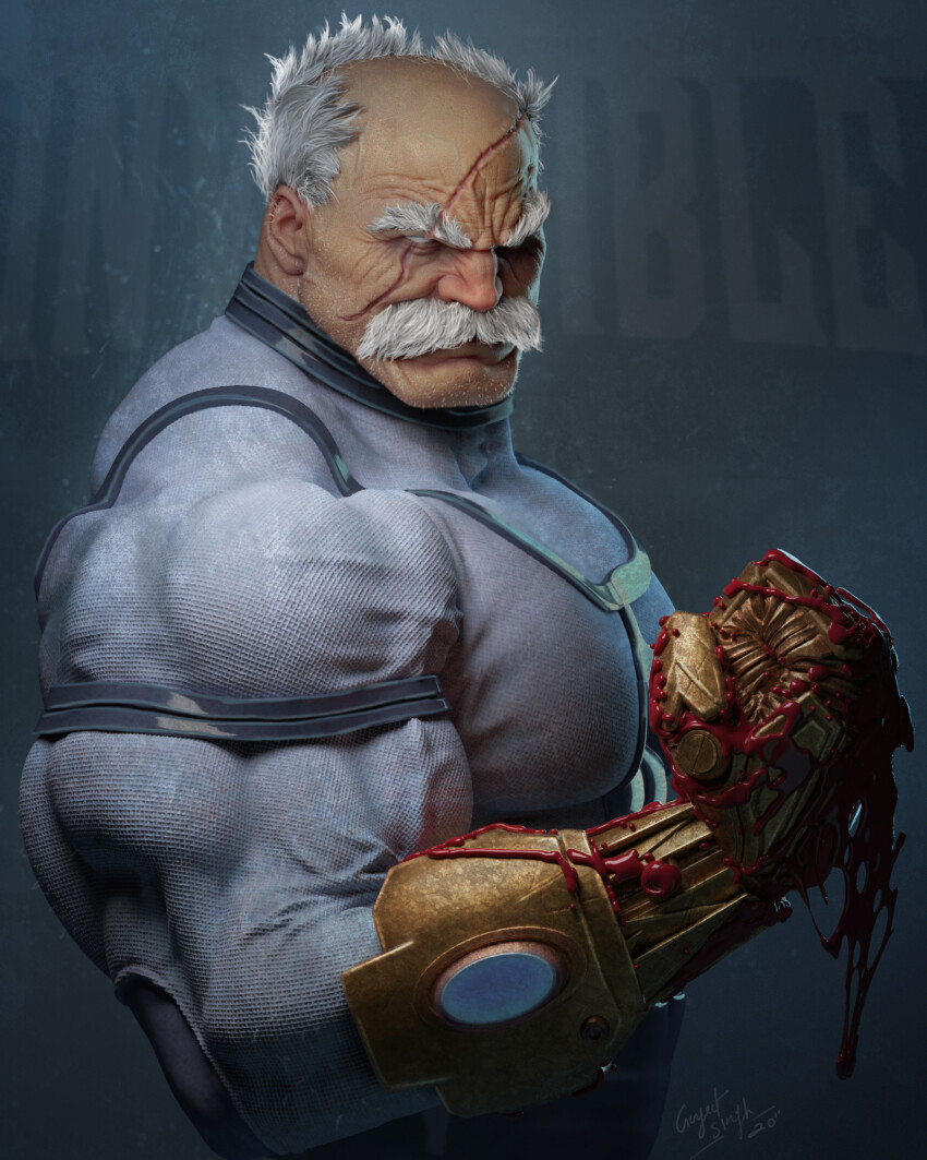 1boy artist_name balding blind_eye blood blood_on_hands bodysuit conquest_(invincible) copyright_name facial_hair gurjeetsingh highres invincible_(series) maya_(medium) muscular mustache old old_man partially_blind photoshop_(medium) prosthesis prosthetic_arm scar scar_across_eye scar_on_face scar_on_head short_hair signature solo thick_mustache title white_bodystocking white_hair zbrush_(medium)