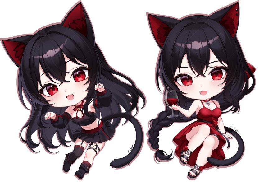 1girl animal_ears armpits asymmetrical_legwear bandeau bare_arms bare_legs bare_shoulders black_bandeau black_hair black_skirt black_thighhighs braid breasts cat_ears cat_tail chibi choker cleavage cocktail_dress crop_top cup detached_sleeves dress drinking_glass garter_straps highres kiyochii lanfear long_hair long_sleeves looking_at_viewer midriff miniskirt multiple_views navel open_mouth pleated_skirt red_choker red_dress red_eyes ribbon_choker simple_background single_braid single_thighhigh skirt sleeveless sleeveless_dress smile tail thigh_strap thighhighs vrchat white_background wine_glass