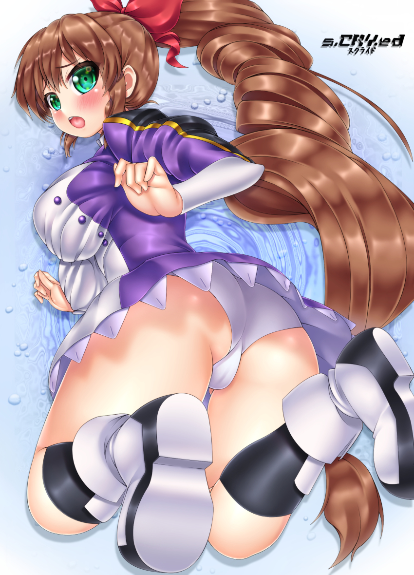 00s 1girl absurdres aged_up alternate_costume ass black_thighhighs bow breasts brown_hair copyright_name derivative_work drill_hair female_focus green_eyes hair_bow hair_ribbon highres large_breasts long_hair military military_uniform oooqqq open_mouth ponytail ribbon scryed shiny_clothes shiny_skin solo thighhighs thighs time_paradox underwear upskirt yuuta_kanami zettai_ryouiki