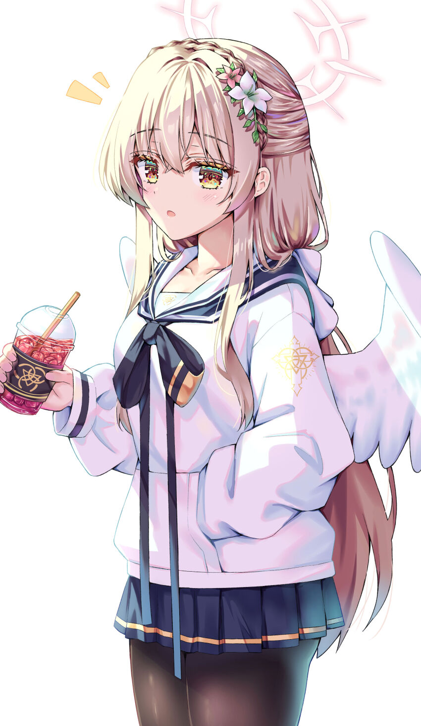 1girl absurdres angel_wings black_pantyhose blonde_hair blue_archive blue_skirt breasts commentary drink feathered_wings flower hair_between_eyes hair_flower hair_ornament halo highres holding holding_drink long_hair long_sleeves looking_at_viewer nagisa_(blue_archive) natie pantyhose pleated_skirt sidelocks simple_background skirt solo white_background white_wings wings yellow_eyes