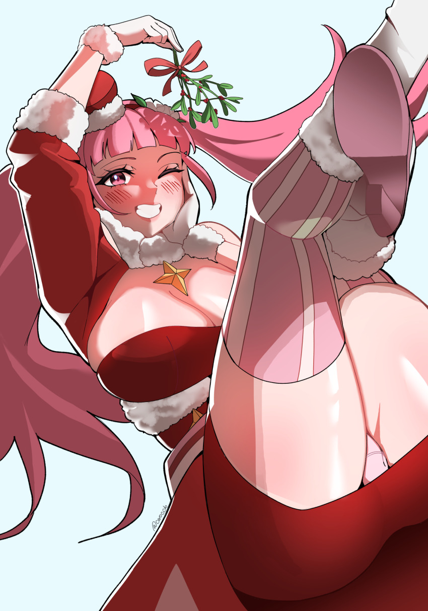 1girl ass blunt_bangs breasts ceroccb christmas cleavage commentary english_commentary female_focus fire_emblem fire_emblem:_three_houses fire_emblem_heroes fur-trimmed_gloves fur-trimmed_headwear fur_trim gloves hand_on_own_face hat highres hilda_valentine_goneril hilda_valentine_goneril_(winter) holding holding_mistletoe large_breasts long_hair looking_at_viewer matching_hair/eyes mistletoe nintendo official_alternate_costume one_eye_closed panties pantyshot pink_eyes pink_hair pink_panties pink_thighhighs red_hat santa_costume solo striped_clothes striped_thighhighs teeth thighhighs thighs twintails underwear very_long_hair white_gloves wink
