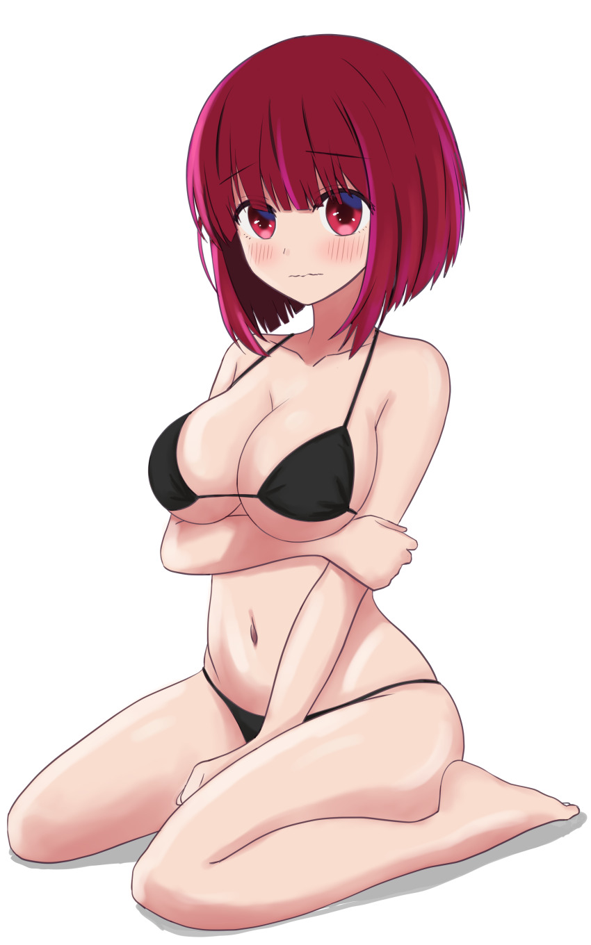 1girl :| absurdres arima_kana arm_under_breasts barefoot between_legs bikini black_bikini blunt_bangs blunt_ends blush bob_cut breasts cleavage closed_mouth collarbone commentary embarrassed english_commentary full_body hair_over_eyes halterneck hand_between_legs highres izunomi large_breasts looking_at_viewer mixed-language_commentary navel oshi_no_ko raised_eyebrows red_eyes red_hair short_hair simple_background sitting solo swimsuit underboob wariza wavy_mouth white_background