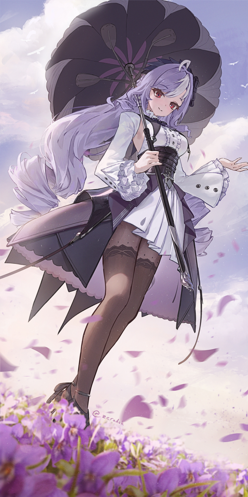 1girl absurdres ahoge black_pantyhose black_shoes black_skirt commentary dress drill_hair dutch_angle field flower flower_field frilled_sleeves frills from_below full_body high-waist_skirt highres holding holding_umbrella long_hair long_sleeves looking_at_viewer looking_down multicolored_hair outdoors pantyhose purple_hair red_eyes shoes showgirl_skirt skirt smile solo standing symbol-only_commentary two-tone_hair umbrella vivian_(zenless_zone_zero) white_dress white_hair zenless_zone_zero zeradok