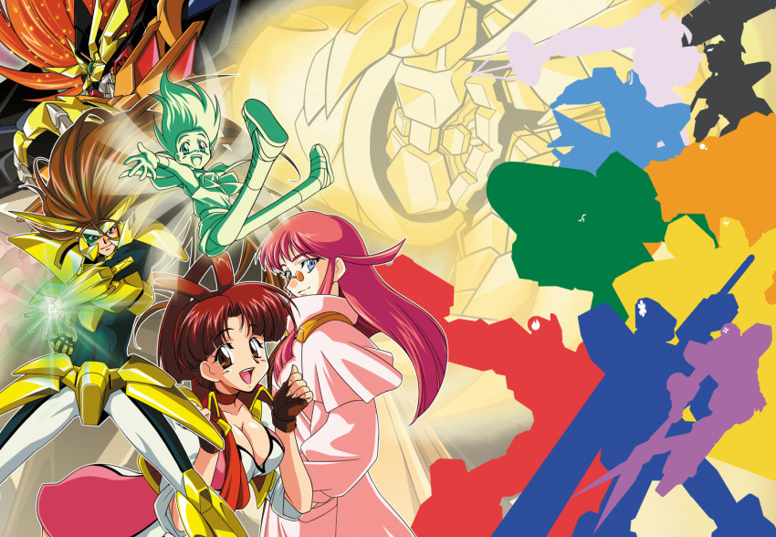 2boys 2girls amami_mamoru anryu blue_eyes breasts brown_eyes brown_hair cleavage collarbone enryu fingerless_gloves fuuryu genesic_gaogaigar glasses gloves glowing glowing_hand goldymarg gun hand_in_pocket hyouryu kouryu large_breasts long_hair looking_at_viewer looking_back mecha mic_sounders_the_13th multiple_boys multiple_girls open_mouth orange_hair pince-nez pink_hair rairyu renais_cardiff_shishiou robot shishiou_gai shuriken silhouette smile sunglasses tsuzuki_masumi utsugi_mikoto very_long_hair volfogg weapon yuusha_ou_gaogaigar yuusha_ou_gaogaigar_final yuusha_series