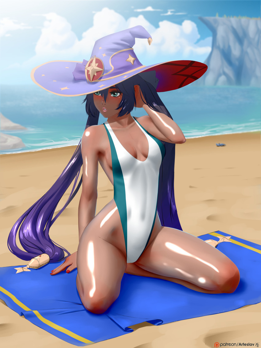1girl absurdres arteslav barefoot beach beach_towel black_choker blush breasts choker cleavage cliff commentary competition_swimsuit dark-skinned_female dark_skin english_commentary eyeliner fingernails full_body genshin_impact green_eyes hat highres long_hair looking_afar low-tied_long_hair makeup mona_(genshin_impact) ocean one-piece_swimsuit petite purple_hair purple_hat shadow shiny_skin small_breasts solo star_(symbol) star_choker swimsuit tan thighs towel wizard_hat
