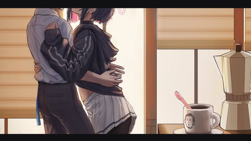 1boy 1girl black_hair black_hoodie black_pants black_pantyhose blue_archive blunt_ends clothes_lift colored_inner_hair from_side highres hood hoodie hug implied_kiss kazusa_(blue_archive) medium_hair multicolored_hair navel pants pantyhose revision sensei_(blue_archive) shirt shirt_lift shooouk skirt stomach white_shirt white_skirt